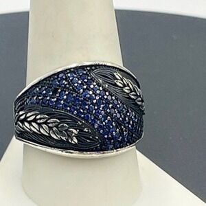 Sterling Silver 925 Oxidized Mens Blue CZ Leaf and Wheat Design Ring 10.75
